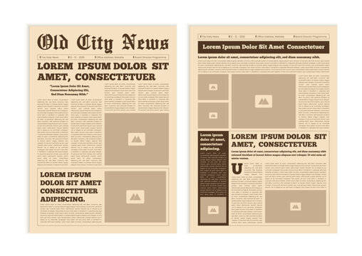 Vintage newspaper with text and image placeholder. Brochure newspaper pages with headline. Paper retro journal vector template. News articles newsprint magazine old design