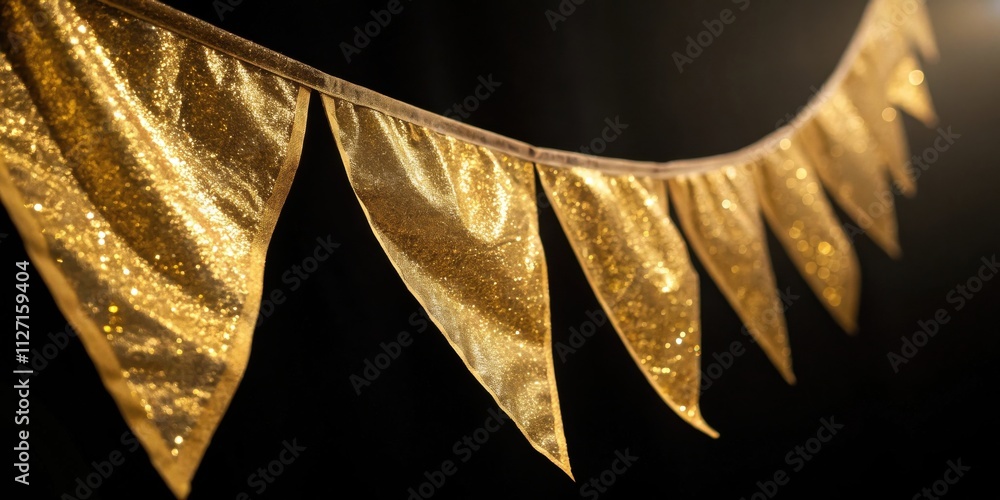 Poster A string of golden triangular flags with a glittering texture hangs against a dark backdrop, reflecting a warm light, creating a festive and elegant atmosphere.