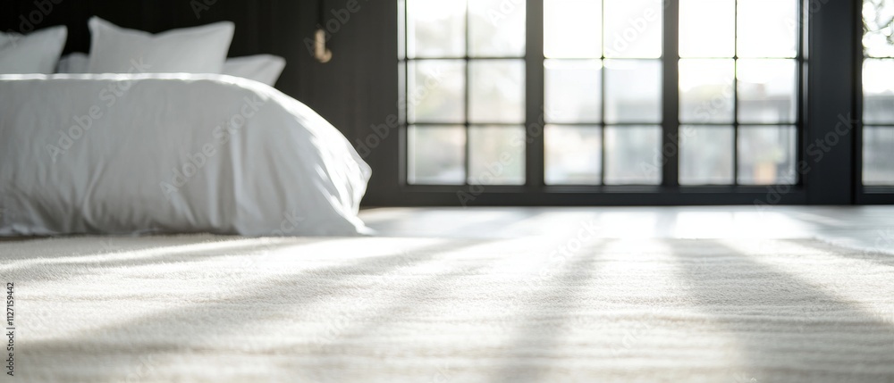 Poster bedroom with a large window on the right side. the window has a black frame and is letting in natura
