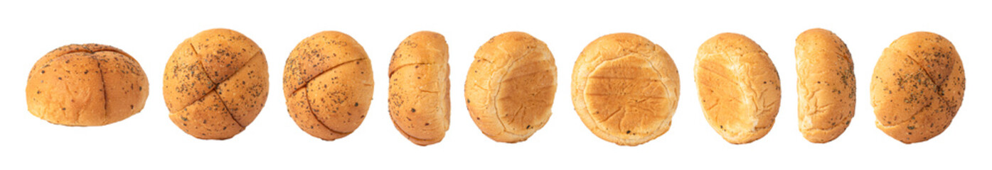 Poppy seed bread roll set, loaf of bread with a golden brown isolated on white background, crispy crust, featuring deep and even slashes on the surface, loaf bread, white whole bread, brown bread