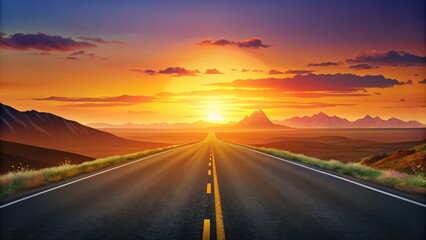 Sunset Over the Highway, Empty Asphalt Road at Golden Hour, Scenic Sunset Background