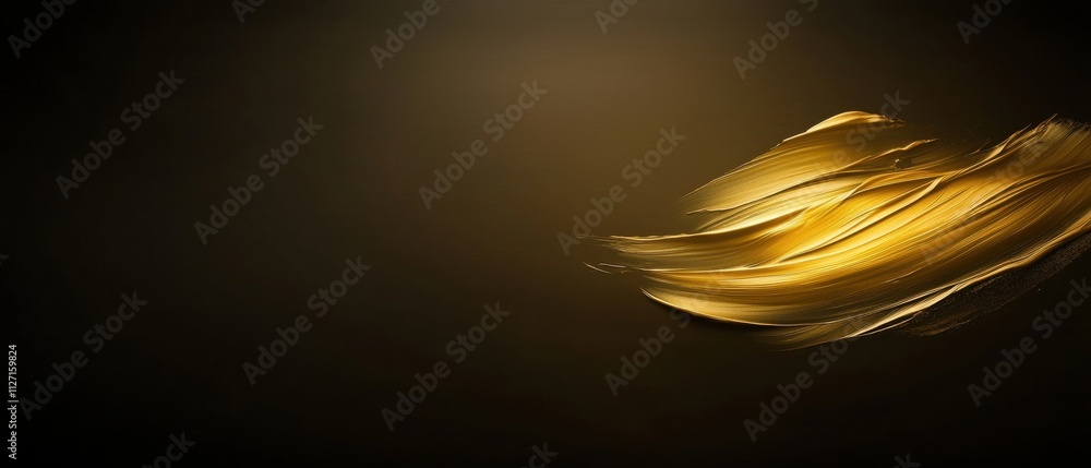 Poster close-up of a golden feather on a black background. the feather appears to be made of a shiny, metal