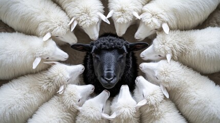 Naklejka premium A black sheep graphic centered in a circular arrangement of white sheep, illustrating the concept of diversity.