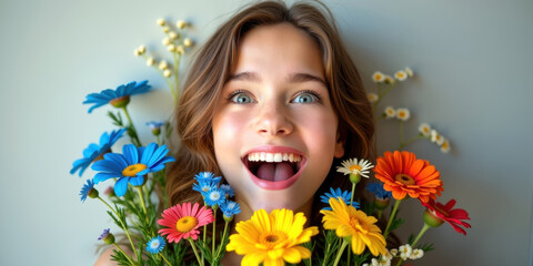 Joyful young woman celebrating international women's day with colorful flowers