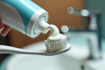 Toothpaste being applied to a toothbrush in a bathroom setting, with a modern faucet and sink blurred in the background, emphasizing dental hygiene and a fresh routine