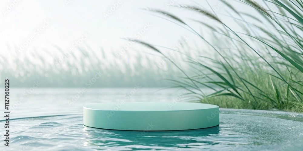 Poster a circular platform floating on a calm body of water with tall green grass in the background