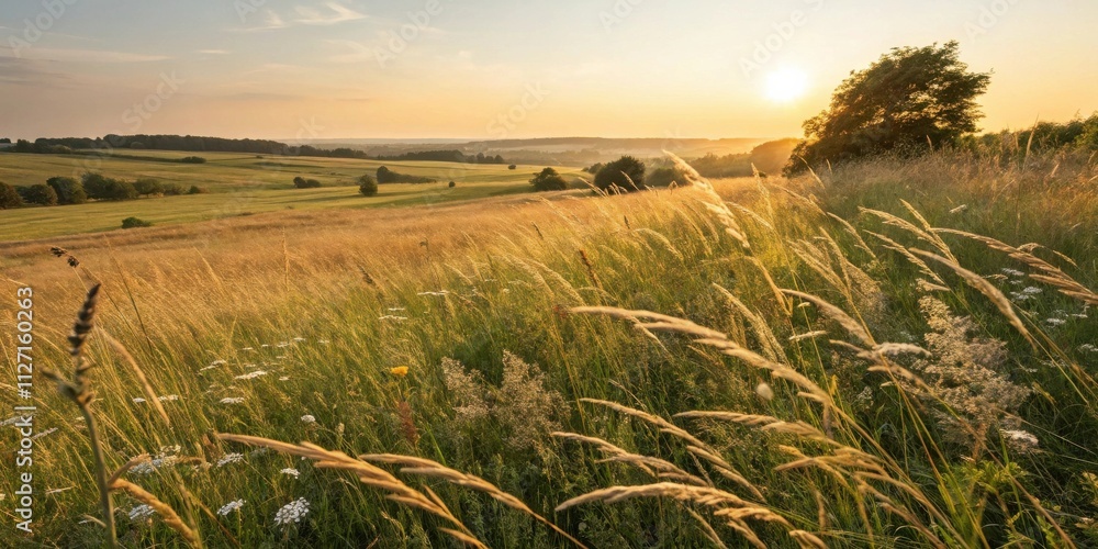 Aufkleber Golden Hour in a Field of Tall Grass with Distant Trees and a Hazy Sunset
