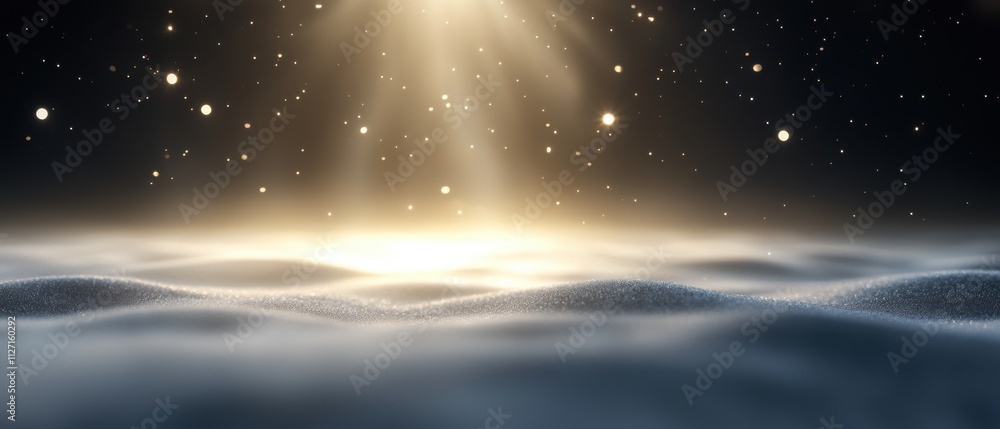 Poster digital illustration of a night sky with a bright light shining through the clouds. the light is shi