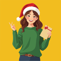 Young woman wear green casual sweater Santa hat posing hold stocking, store gift coupon voucher card in yellow background. Happy New Year, celebration Christmas holiday
