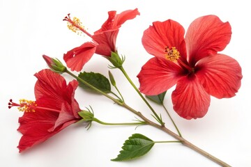 Fototapeta premium branch of a red hibiscus plant adorned with three open flowers and several green leaves
