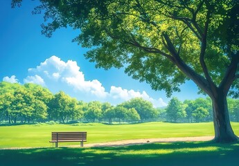 A park with green trees and a blue sky, with a bench under the tree.
