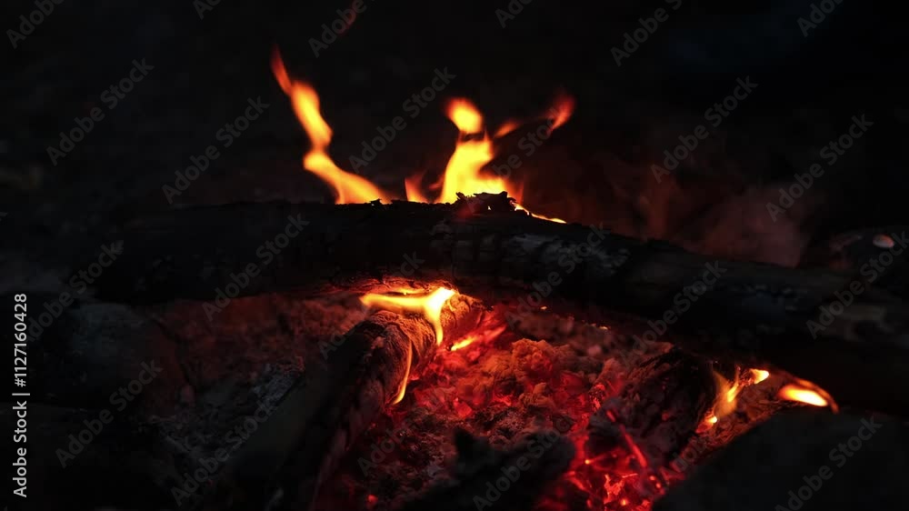 Poster logs burn brightly in a campfire, casting an inviting glow and warmth during a serene evening in the