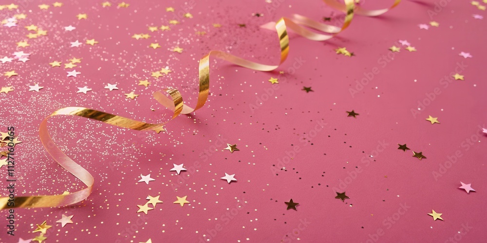 Aufkleber a pink background with a golden ribbon and scattered stars of various sizes and colors.