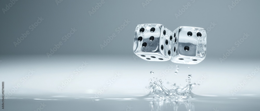 Poster two dices falling into a pool of water. the dices are white with black dots on each side. the water 