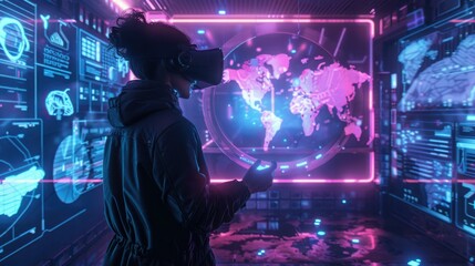 Obraz premium Woman Exploring Virtual Globe Using Futuristic VR Technology