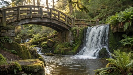 Obraz premium A rustic wooden bridge arches over a tranquil stream, cascading into a gentle waterfall surrounded by lush greenery.