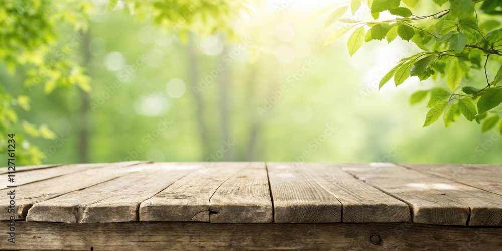 Poster rustic wooden table top with a blurred background of lush green foliage and sunlight beaming through
