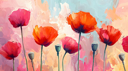 A painting of a field of red flowers