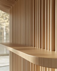 Obraz premium A minimalist wooden interior featuring vertical slats and a smooth shelf.