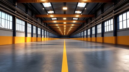 Fototapeta premium Spacious industrial warehouse interior with polished concrete floor and bright yellow accents, creating a modern and clean ambiance.