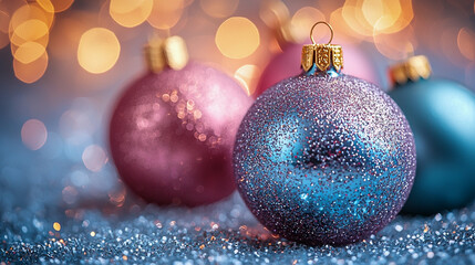 Obraz premium Christmas tree with balls background with soft bokeh lights 