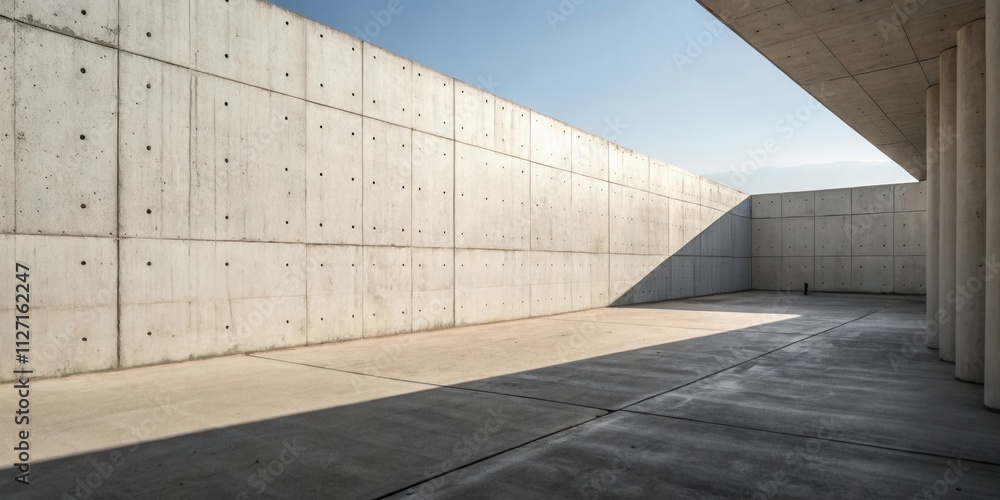 Aufkleber A Minimalist Concrete Courtyard with a Large Wall and Columns Casting Shadows in the Sunlight