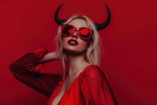 Chic woman with devil horns and red sunglasses on red background