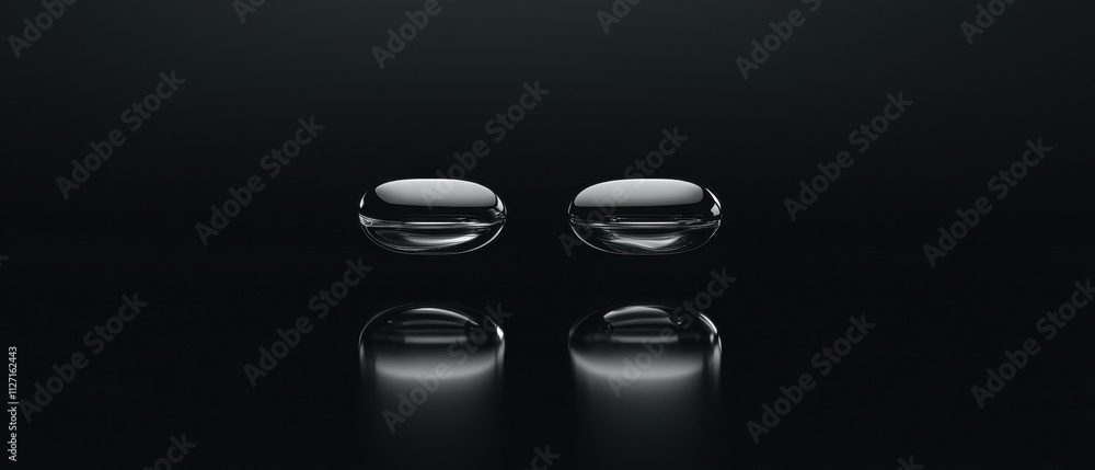 Poster black background with two small, round objects in the center. the objects appear to be made of glass