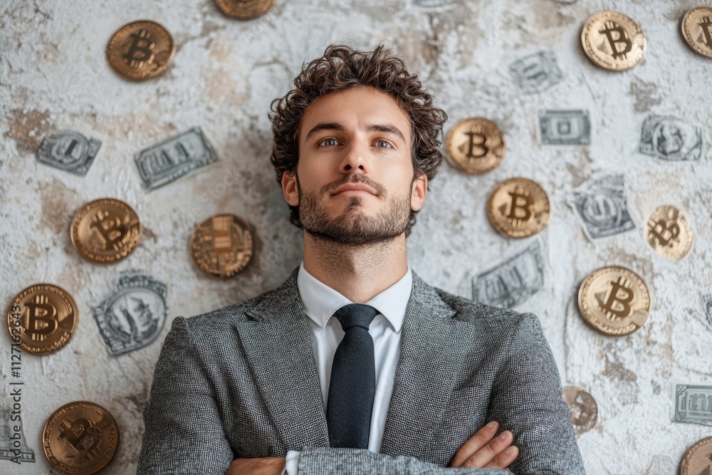 Poster bitcoin tokens and dollar signs forming a symbolic background behind a thoughtful man in modern busi