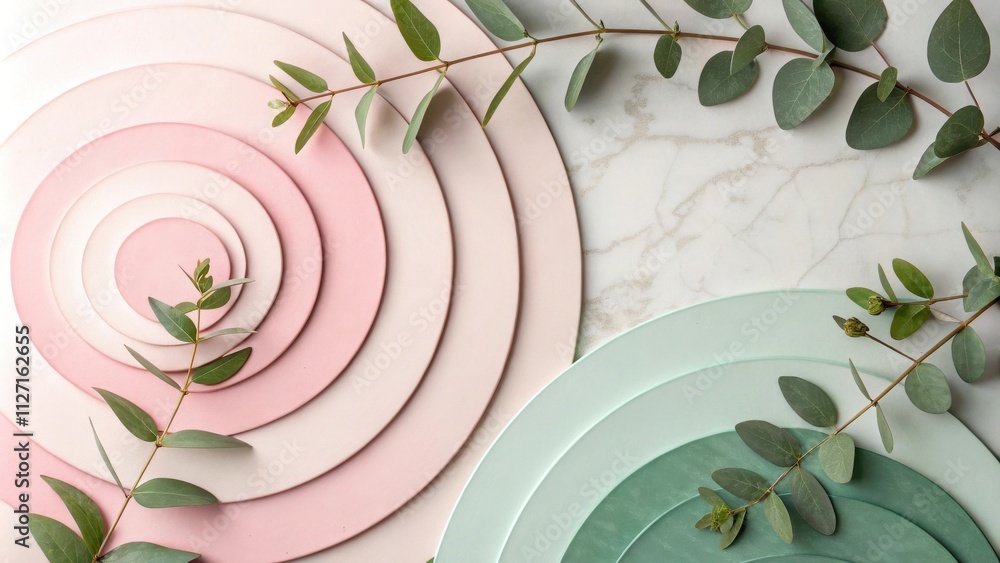 Poster abstract minimalist composition with eucalyptus branch and layered circular shapes in pastel pink an