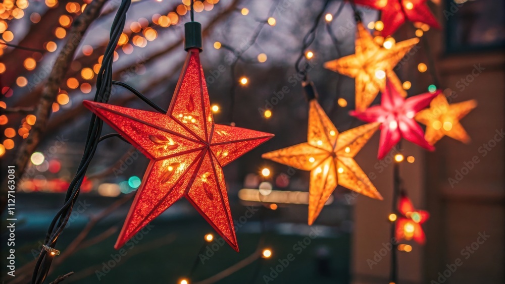 Poster illuminated star lights decorate branches of a tree with twinkling fairy lights in the background
