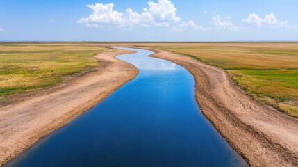 Thin river flowing through dry riverbed in arid landscape