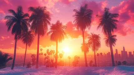 Los Angeles skyline with palm trees in the foreground, framed against a vivid pink and orange sunset