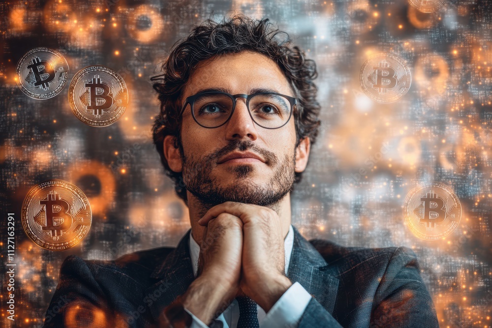 Poster bitcoin tokens and dollar signs forming a symbolic background behind a thoughtful man in modern busi