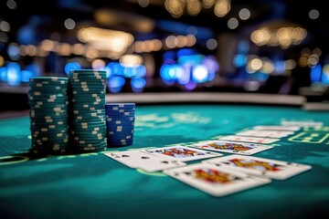 Casino gaming scene with poker cards and stacks of chips on a green felt table.