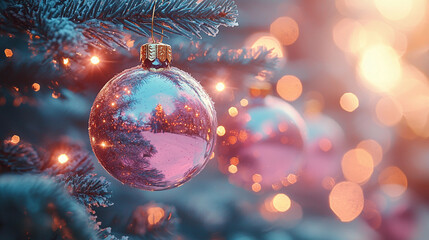Christmas tree with balls background with soft bokeh lights