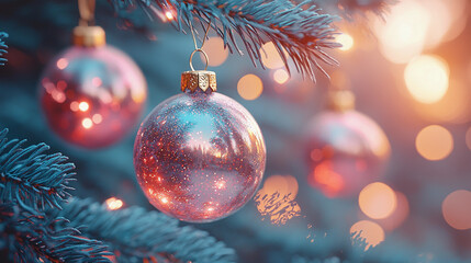 Christmas tree with balls background with soft bokeh lights