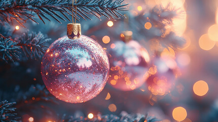 Christmas tree with balls background with soft bokeh lights