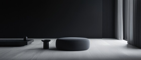 Modern living room with a minimalist design. the room has a large window with sheer curtains on the right side, allowing natural light to enter the space.