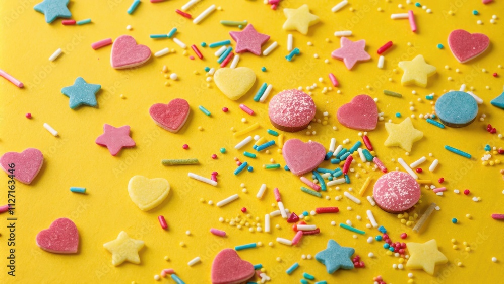 Poster a vibrant yellow background sprinkled with colorful heart and star-shaped candies, creating a festiv