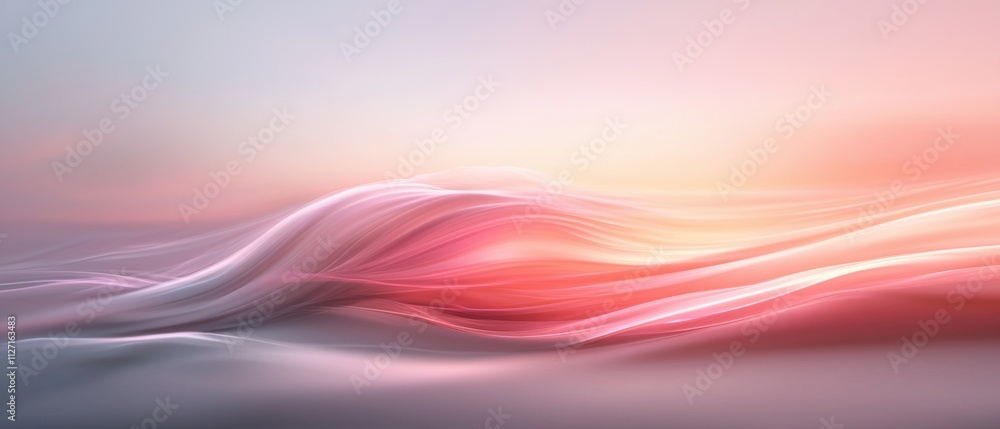 Poster Abstract digital art piece that appears to be a wave or a wave-like pattern. the background is a gradient of pink and orange colors, with the pink on the top and the orange on the bottom.
