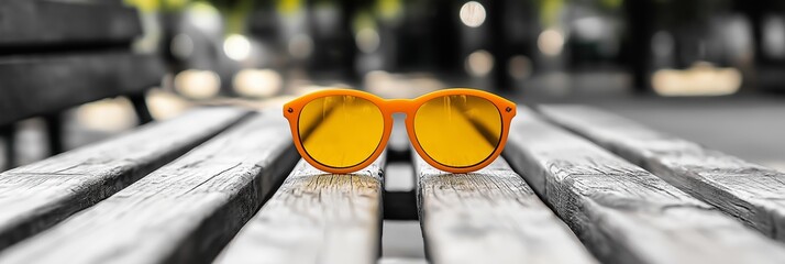 A pair of orange sunglasses lies on a wooden surface, evoking a sense of summer and outdoor enjoyment.