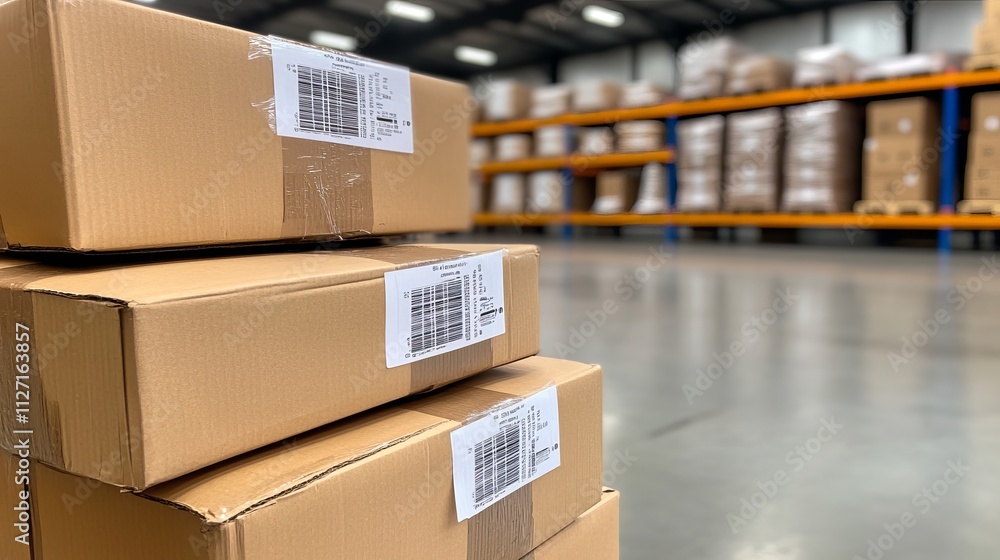 Poster a stack of cardboard boxes in a warehouse, showcasing organization and storage efficiency in a comme