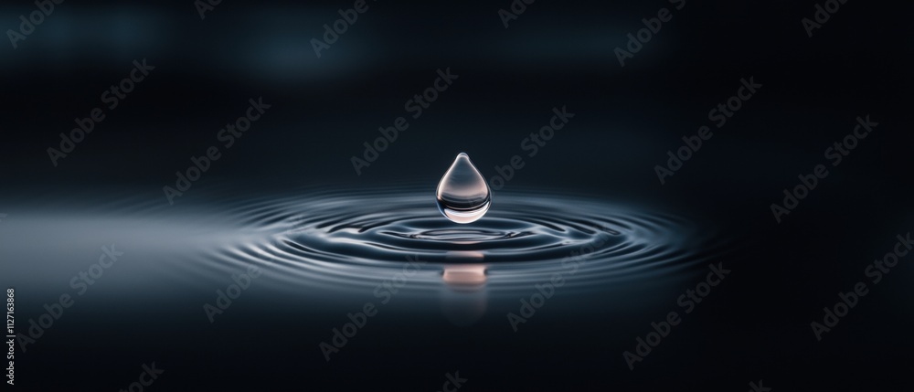 Poster close-up of a single drop of water falling into a pool of water. the drop is in the center of the im