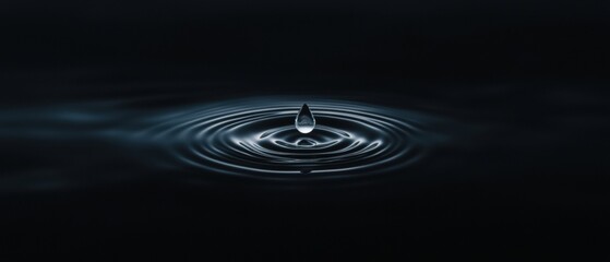 Black background with a single drop of water in the center. the drop is in the shape of a triangle and is surrounded by a rippled pattern of concentric circles.