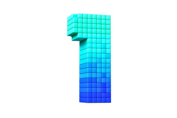 Digital font digit number 1 in blue gradient color. High quality 3D rendering pixel art typography.