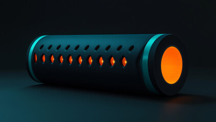 A minimal black and teal fitness hollow foam roller with orange LED lights inside, resting against a bare dark background.