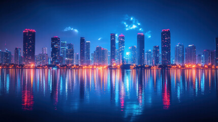 Fototapeta premium Miami skyline captured during a fireworks display, with reflections shimmering in Biscayne Bay