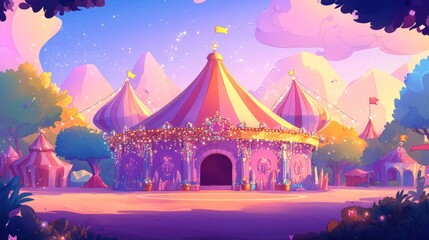 A whimsical circus tent surrounded by trees and mountains, illuminated by colorful lights.