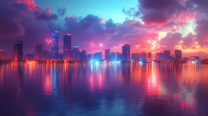 Fototapeta premium Miami skyline captured during a fireworks display, with reflections shimmering in Biscayne Bay